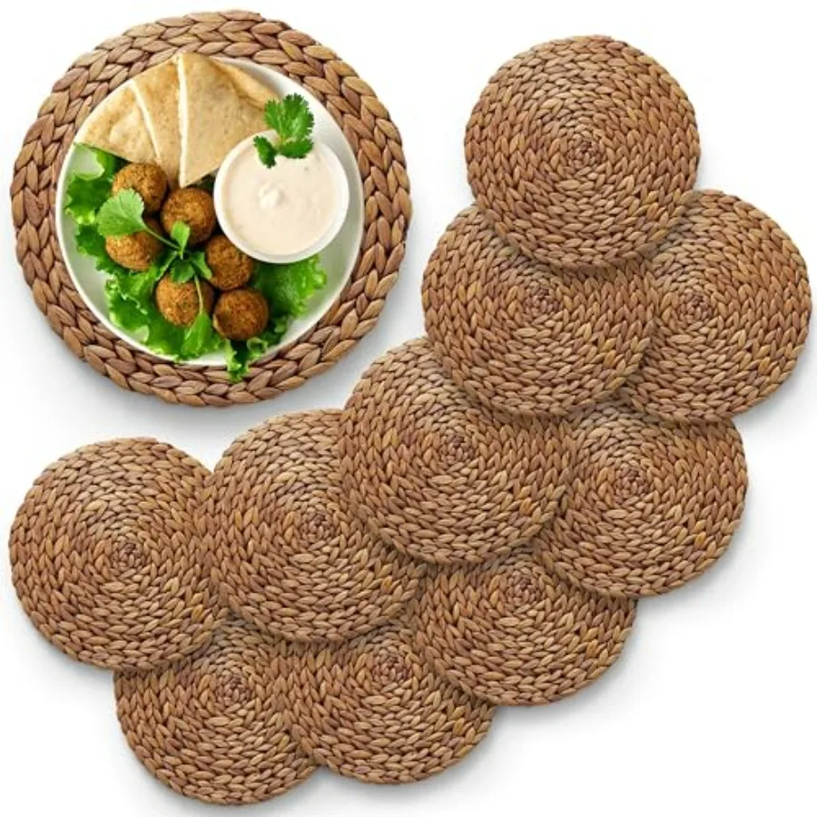 

Round Woven Placemats 13.5'' Natural Wicker Straw Mats Pack of 10 Hand-Braided Non-Slip Heat Resistant Table Setting for Dining