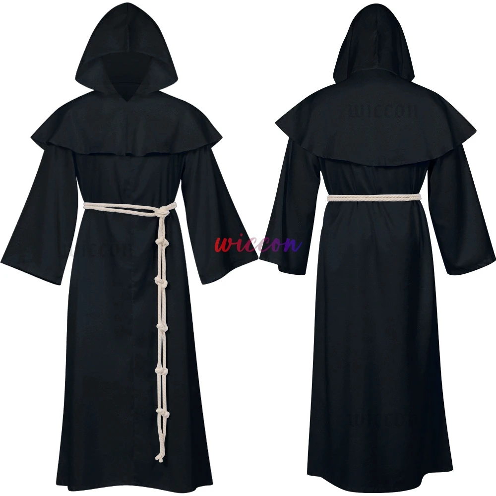 Stil Robe Set Einfarbig Mit Kapuze Robe Mönch Hexe Pastor Halloween Cosplay Kostüm Set mit Robe Gürtel für Partys
