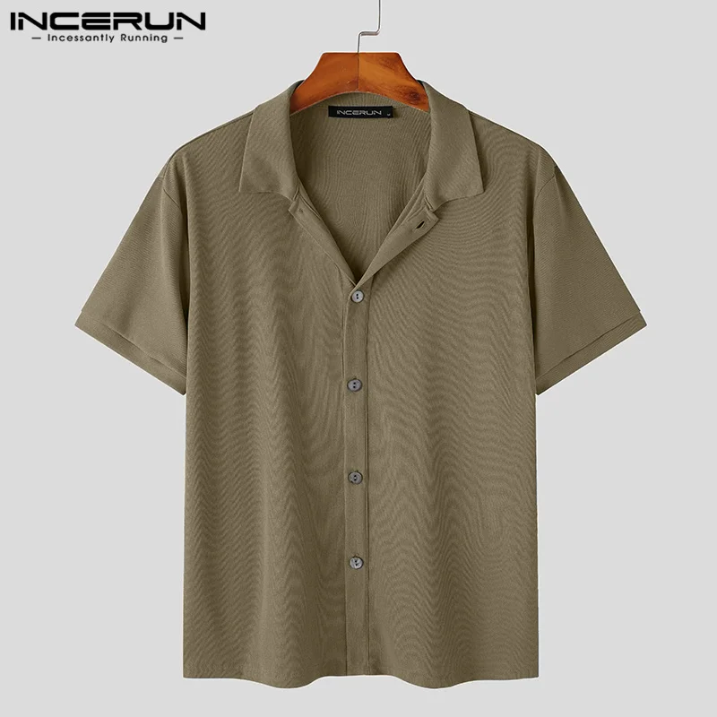 Men Shirt Solid Color Knitted Lapel Short Sleeve Korean Style Summer Men Clothing Streetwear 2023 Casual Shirts S-5XL INCERUN