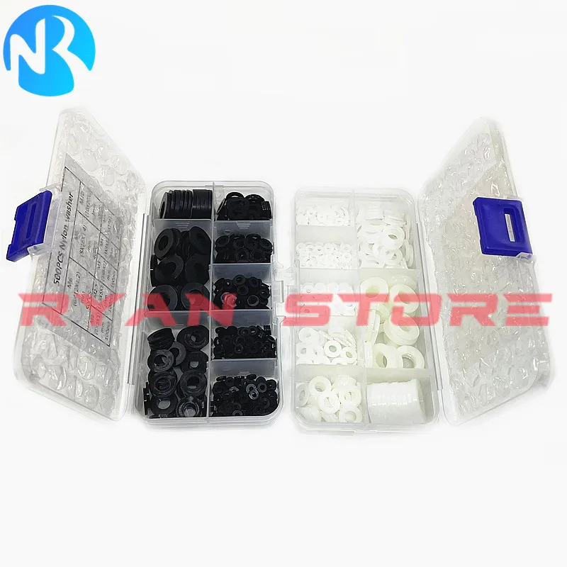 

500pcs Black white Nylon Washer Flat Assortment Set M2 M2.5 M3 M4 M5 M6 M8 M10 Nylon Sealing Washers Kit