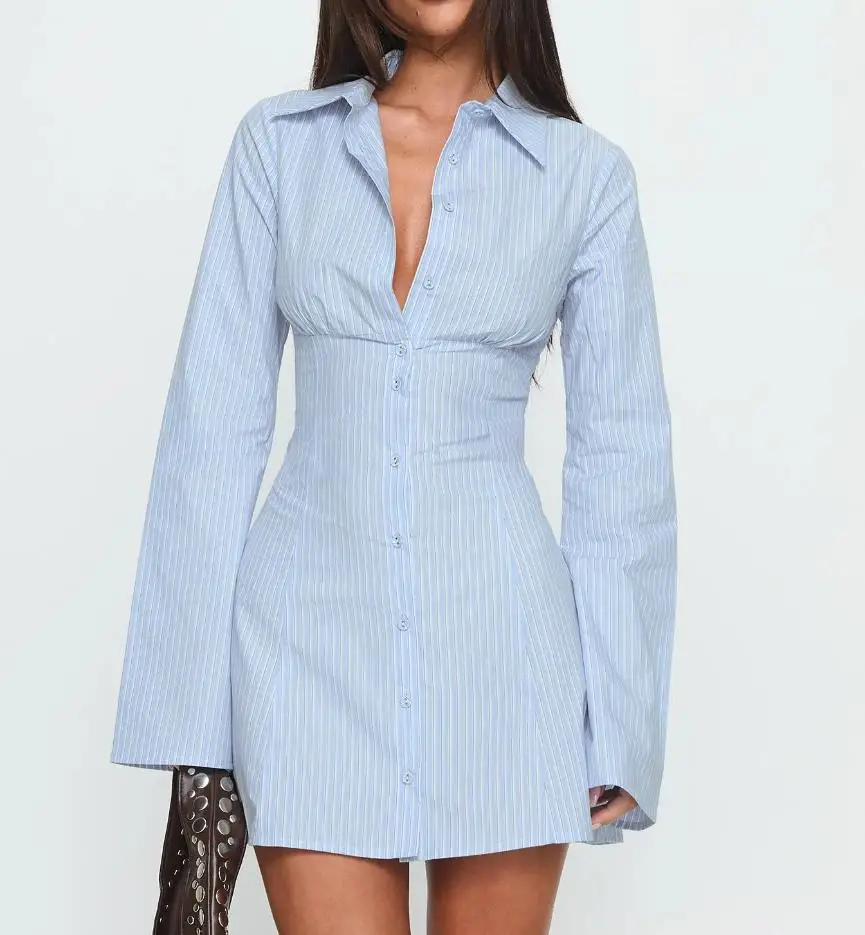 Summer Women's Y2K Shirt Dress Slimming Waist Short Skirt Mini Dress High Waistline Flirty Style Full Sleeve Regular Collar