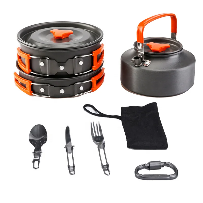 

Trendy Camping Outdoor Pots and Pans Set Foldable Camping Cookware With Kettle Tableware
