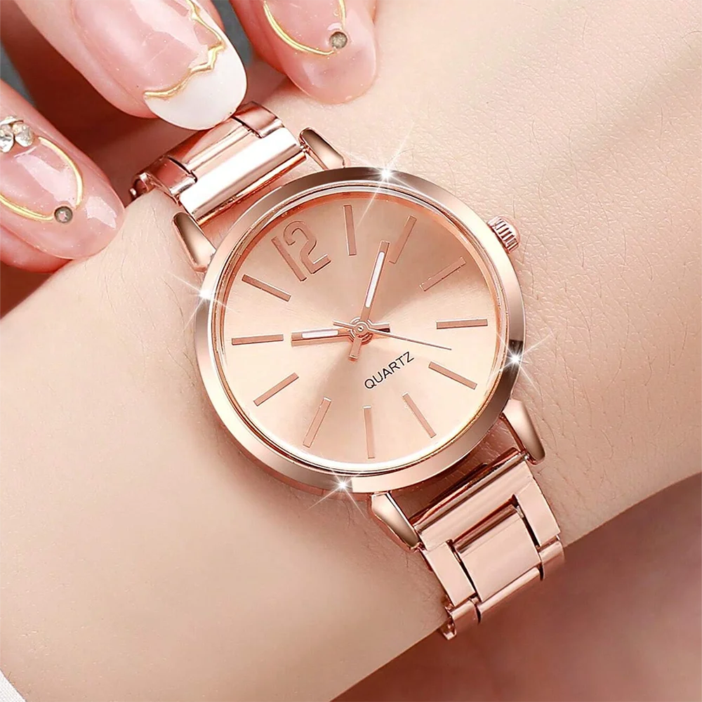 4PCS Set Rose Gold Luxury Watch Women Ring Necklace Earring Rhinestone Fashion Wristwatch Casual Ladies Bracelet Watches