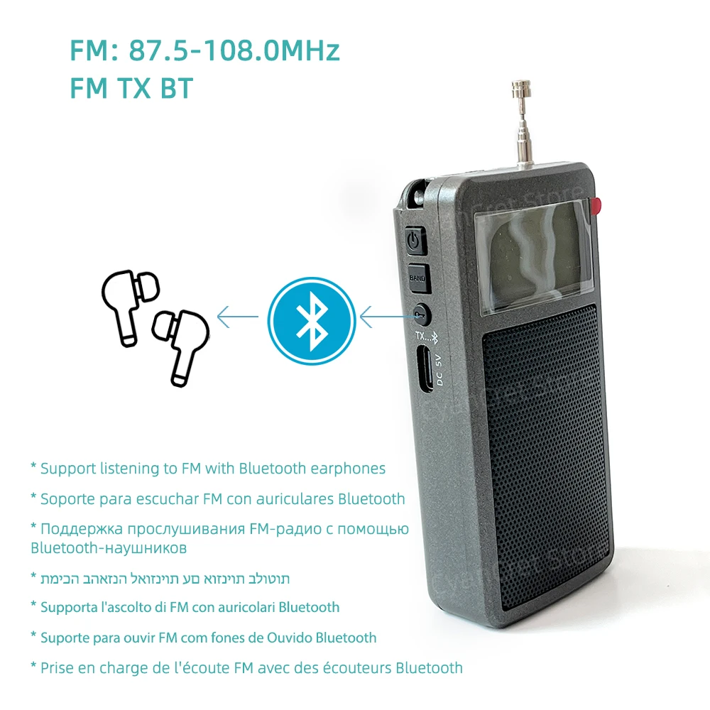 Portable FM Radio Mini Pocket Receiver Stereo LCD Screen High Sensitivity Support Bluetooth Earphones with Loudspeaker Antenna