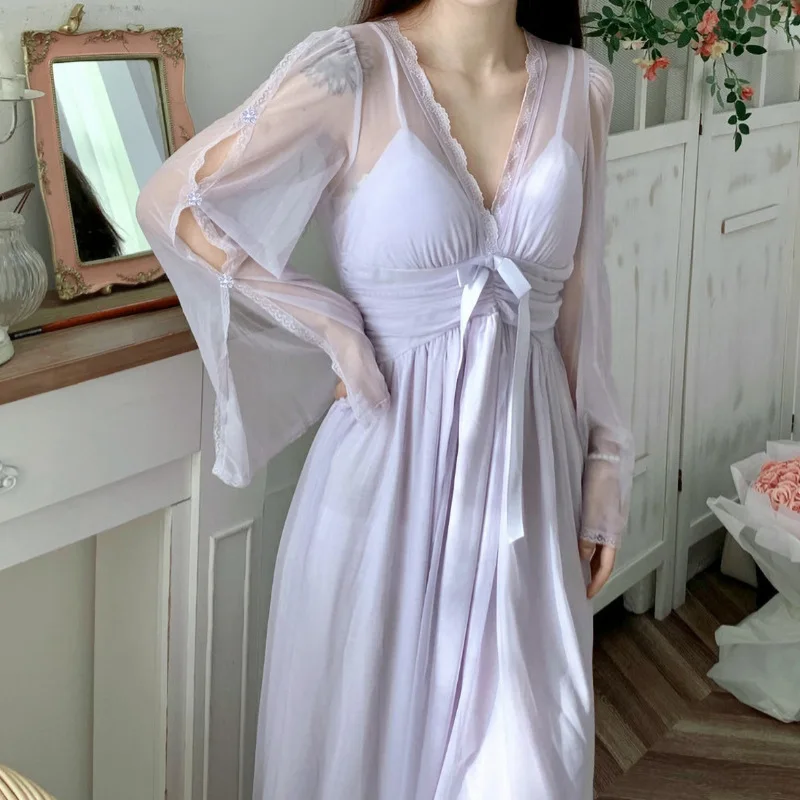 Female Long Nightgown Retro Palace Style Nightdress Sleepwear Spring Summer New Mesh Retro Palace Style Nightwear Home Dress