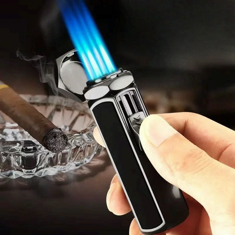 Creative Strong Firepower Butane Gas Lighter Turbo 4 Torch Blue Flame High Pressure Jet Straight Cycle Cigar Lighter Men's Gift