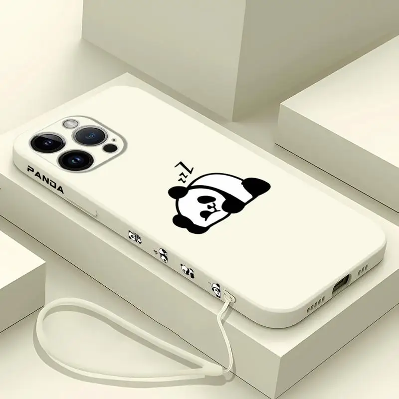 Cute Panda Phone Case for iPhone SE 13 Pro 8 7 15 Plus 14ProMax 12 Mini 11 XR XS Max With Lanyard Silicone Cover