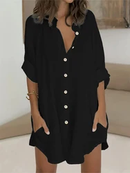 Plus Size 2024 Summer New Women's V-Neck Solid Color Single Row Button Dress Short Sleeve Comfortable Peplum Summer Best Choice