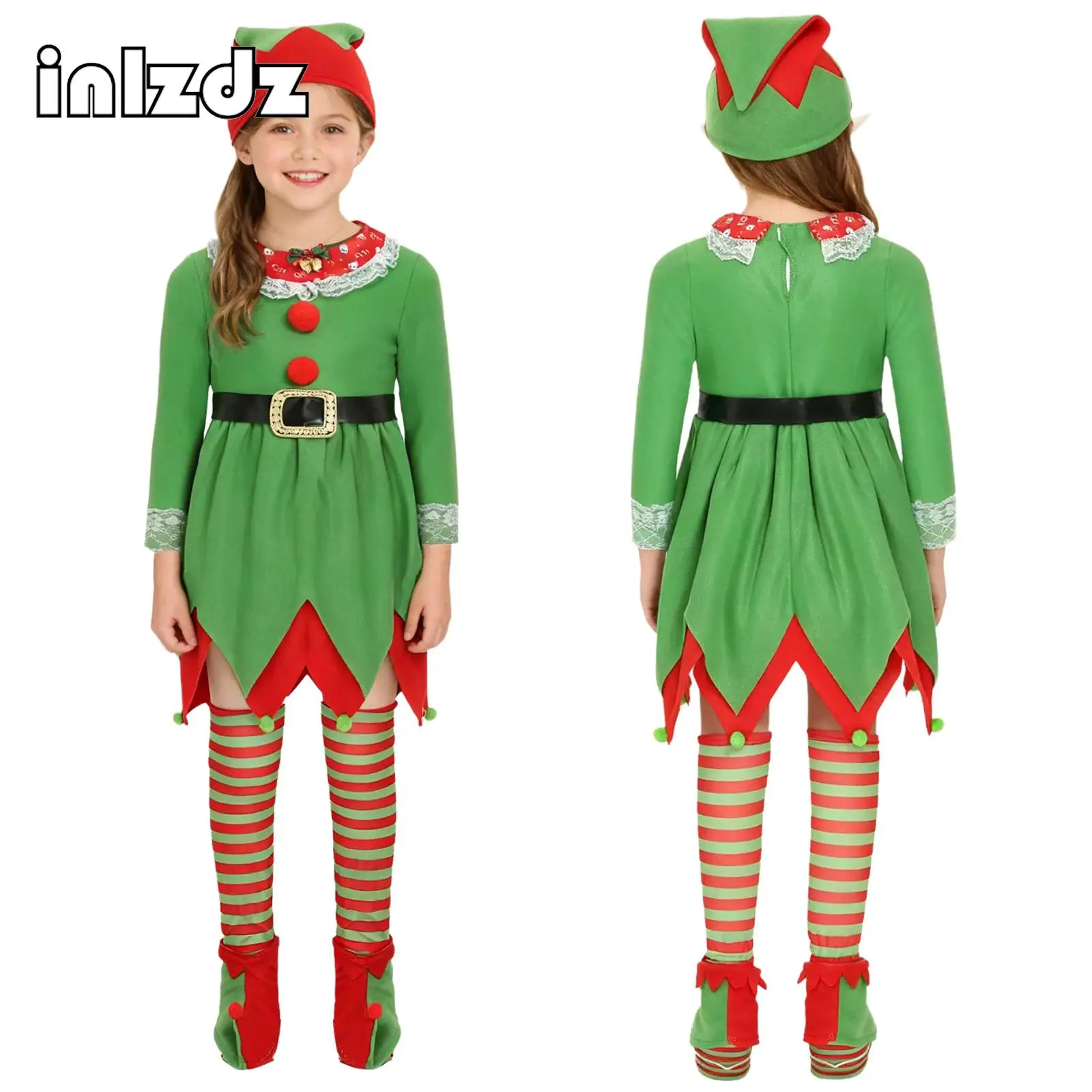 

Green Girls Christmas 5Pcs Elf Costume Set Bow Bell Adorned Cute Lace Edge Long Sleeve Layered Jagged Hem Dress+Accessories Set
