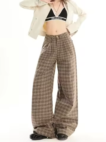 Women's Brown Grid Y2K Harajuku High Street Wide Leg Retro Pants Casual Trousers Aesthetic Japanese 2000s Style Clothes 2026 New