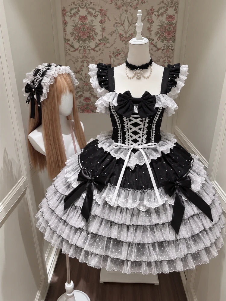 Girls Japanese Sweet Lolita JSK Dress Kawaii Lace Strap Sleeveless A Line Y2K Fashion Holiday Party Cosplay Lovely Outfit