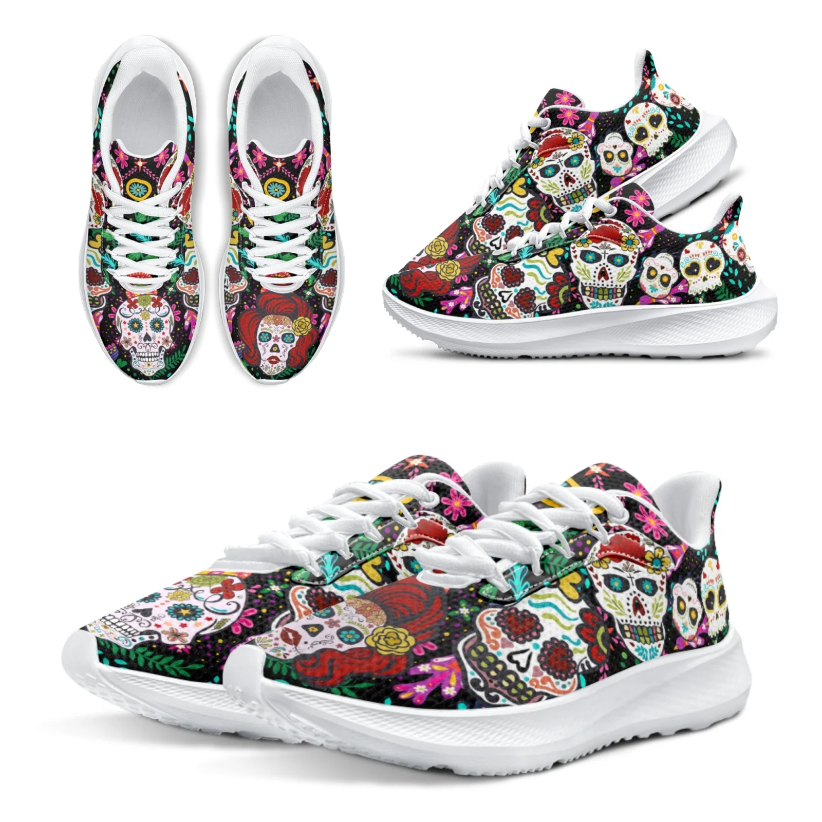 INSTANTARTS Stylish Mexican Day Of The Dead Skull Running Shoes Sugar Skull Print Girls Tennis Shoes Gym Shoes Zapatos Mujer