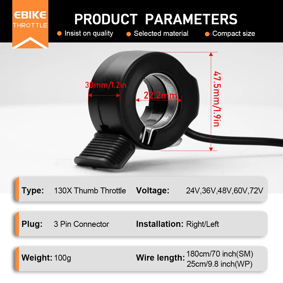 Ebike Thumb Throttle WUXING 130X Finger Throttle 24V 36V 48V 60V 72V Right/Left Hand Throttle for Electric Bicycle Accelerator