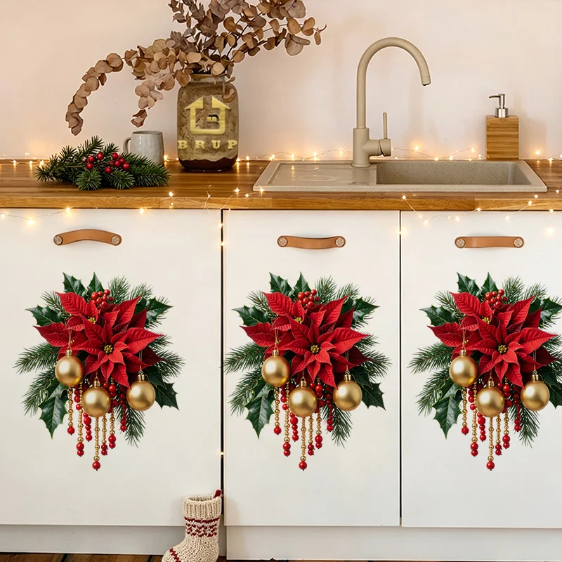Christmas Plum Blossom Wall Sticker,Red Golden Flower Bead Decal,Self‑AdhesivePVCSticker for KitchenCabinet Door Xmas Home Decor