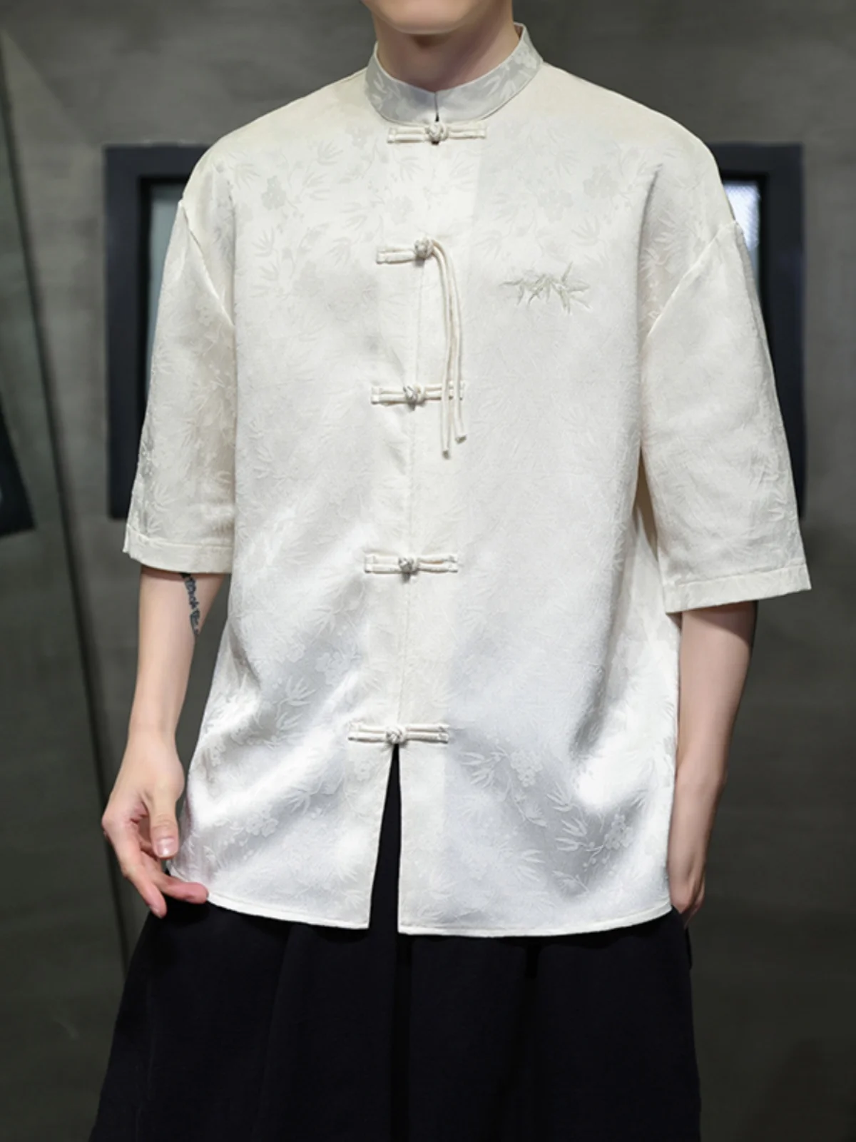 

New Chinese Sle Men's irt ort Sve Summer High End Sensation Embroidery Top Retro Button Tang Suit f Sve irt