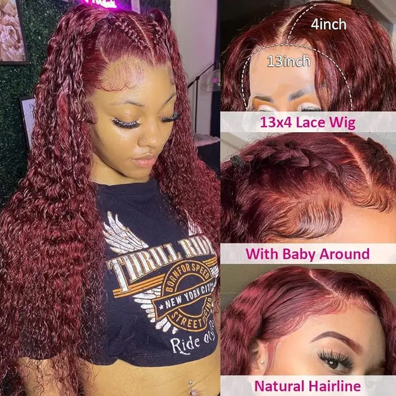 99J Front Lace Colored Wig Baby Hair Pre Combed Wig 13x4 Deep Wave Water Ripple Wine Red Wig Suitable For Women