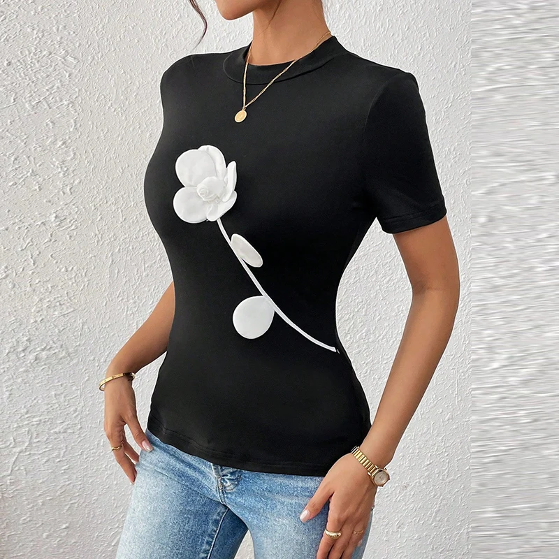 Elegant Short Sleeve Women T-Shirt Flower Design Slim Tee Tops Female Fashion T Shirt Women Temperament T-shirt