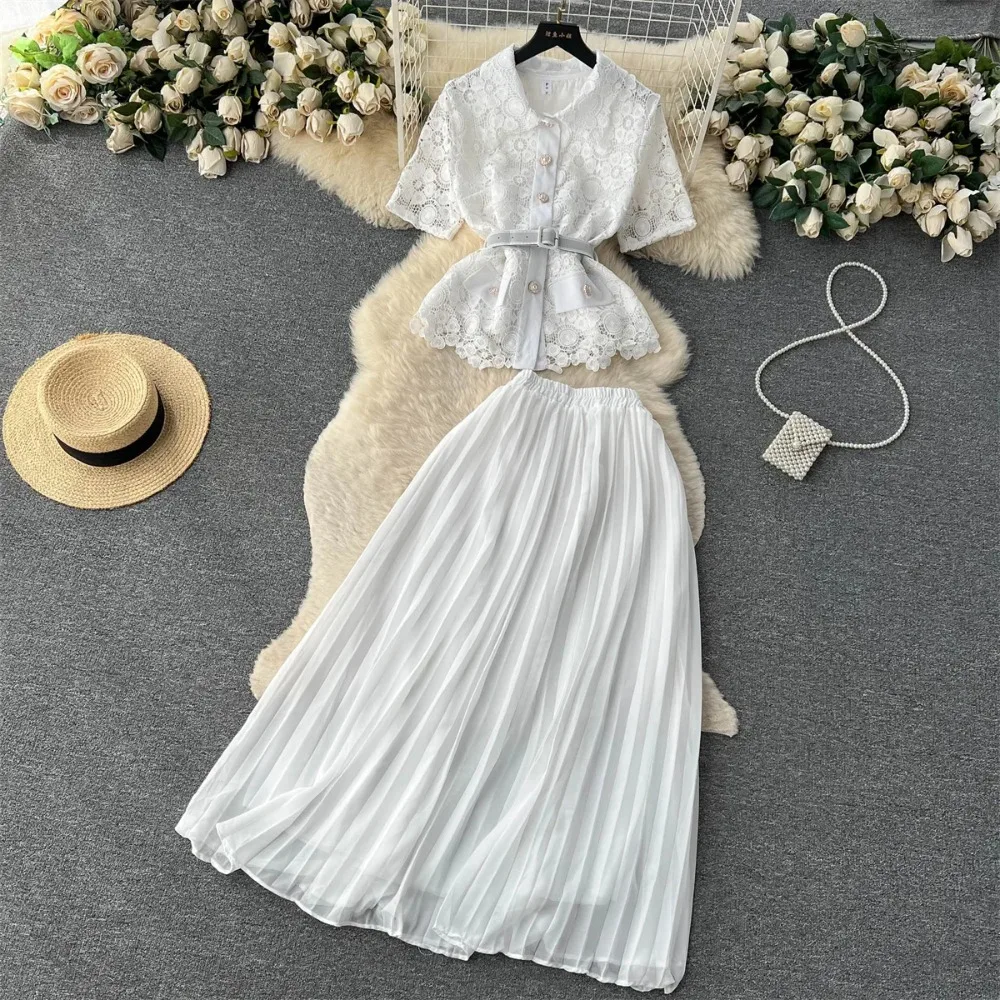 Sexy Two Pieces Sets Chic Turn-down Collar Short Sleeve Top with Solid Pleated  High Waist A-line Skirt Beach Vacation Sets
