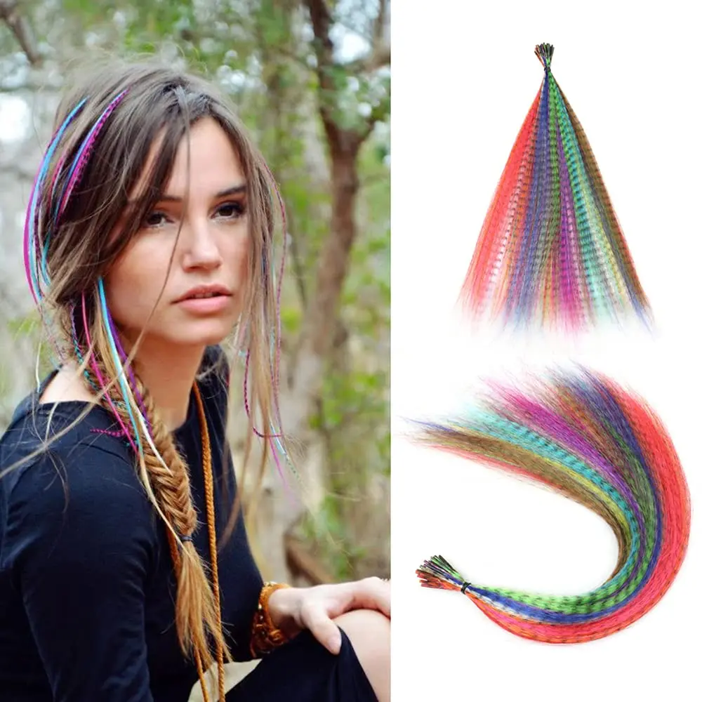 Colored Strands for Hair Feather Extension 10 Pieces I Tip Synthetic Hairpiece Fake Hair Zebra Line Feather Hair Extensions