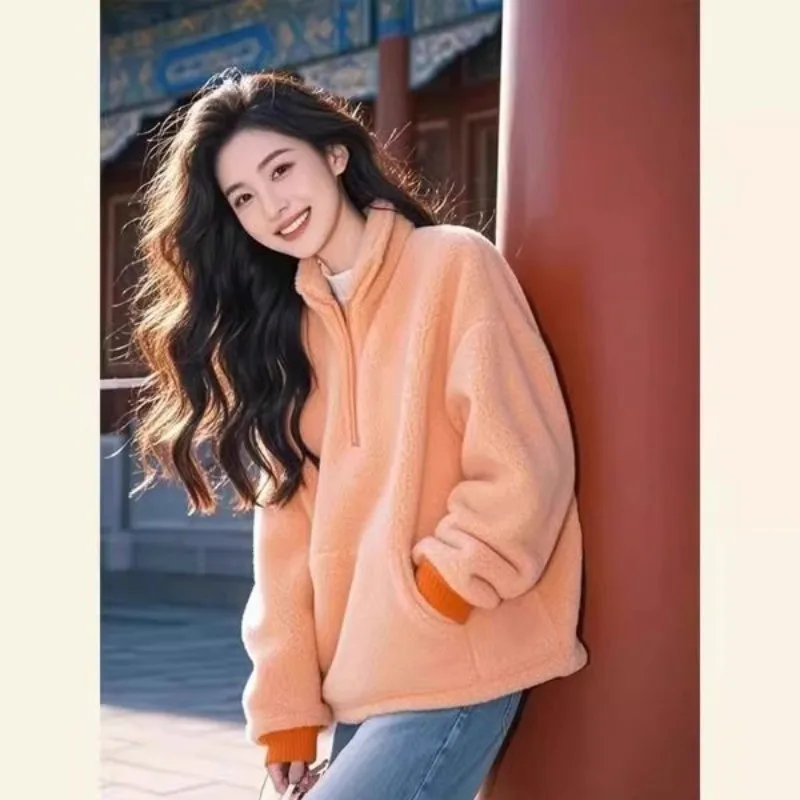 Orange Half Turtleneck Sherpa Sweatshirt Jacket for Women Autumn and Winter Solid Color Pullover Fashion Top
