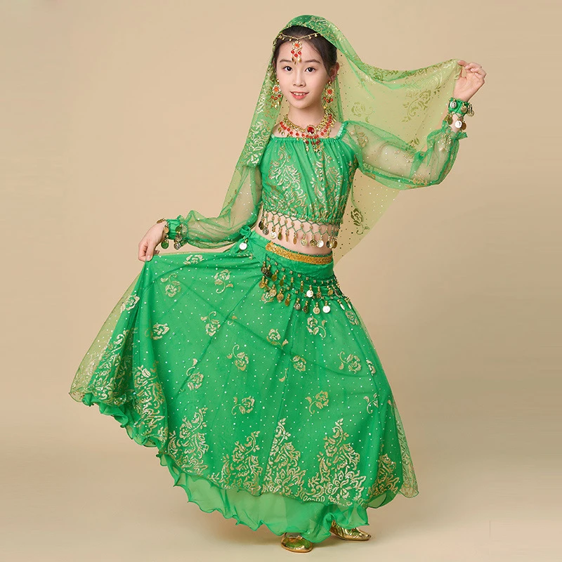 Festival Performance Girls Indian Clothes Party Outfit Children Bollywood Dance Costume Set 5pcs (Top Belt Skirt Sari Handpiece)