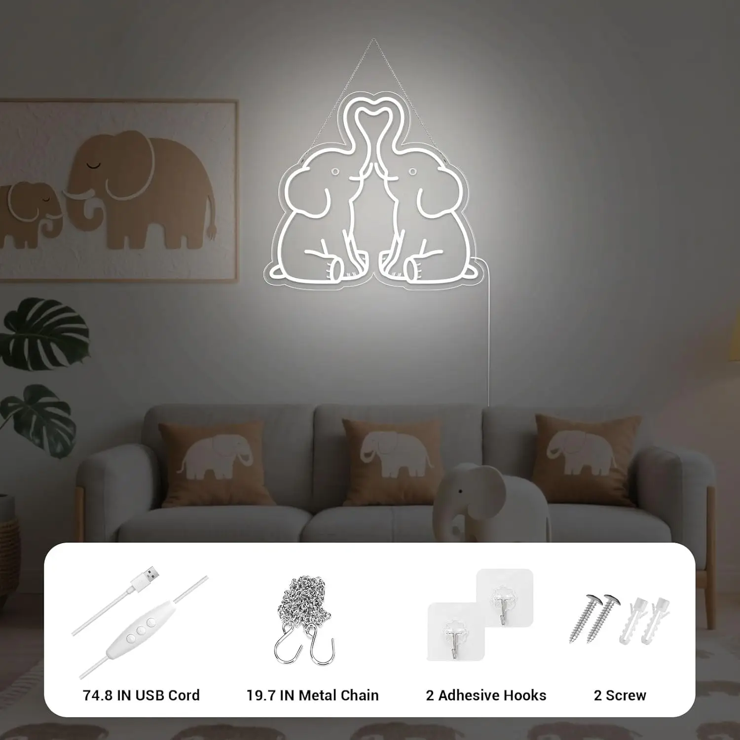 Elephant LED Neon Sign for Wall Decor 5/12V USB Dimmable Living Room Decor for Party Bedroom Wedding Birthday Christmas Gift