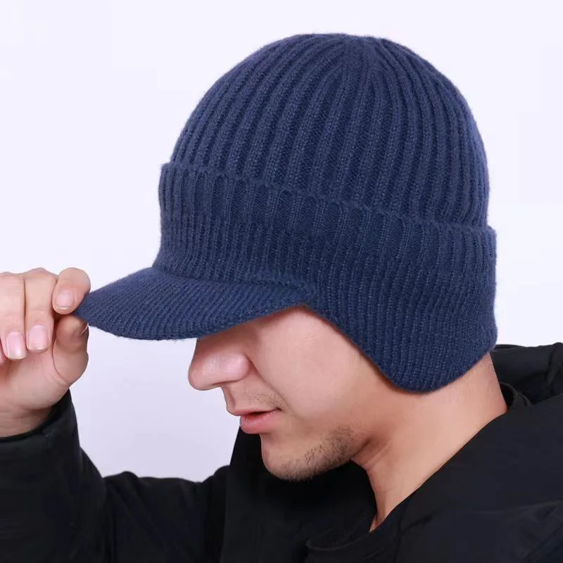 Men Winter Knitted Hat Outdoor Cycling Windproof Ear Protection Warmth Peaked Cap Thick Plus Fleece Baseball Cap 54-58cm