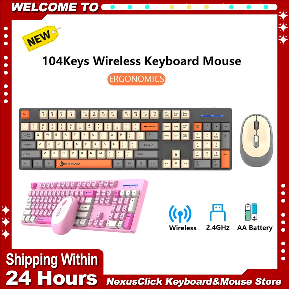 

Wireless Keyboard and Mouse Combo 104 Key Full Size Ergonomic Keyboard Battery Operated 2.4G Mouse for PC Laptop for Office Home