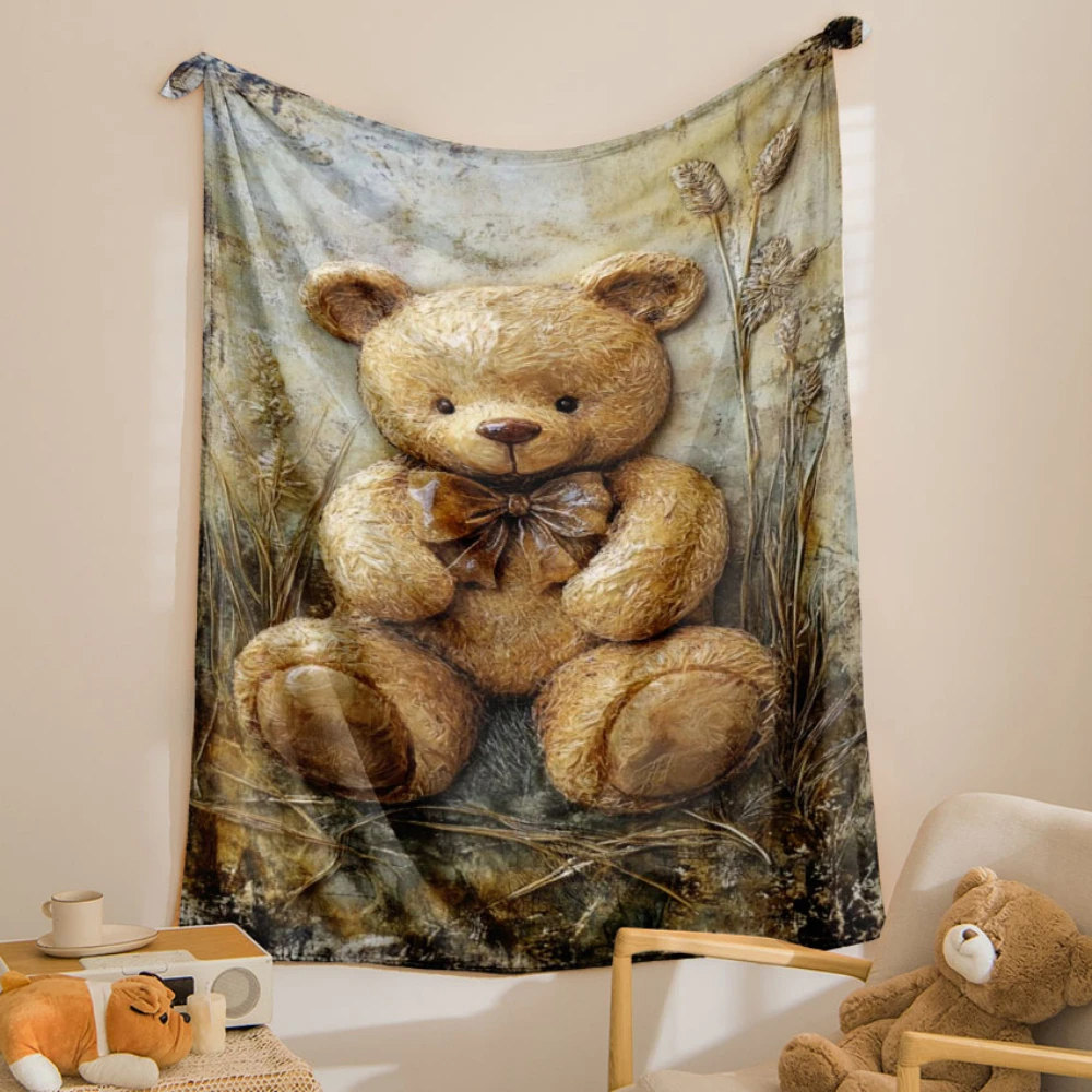 1pc Vintage Bow Teddy Bear Texture Print Throw Blanket soft sofa lounge reading corner Blanket garden terrace Anniversary gifts