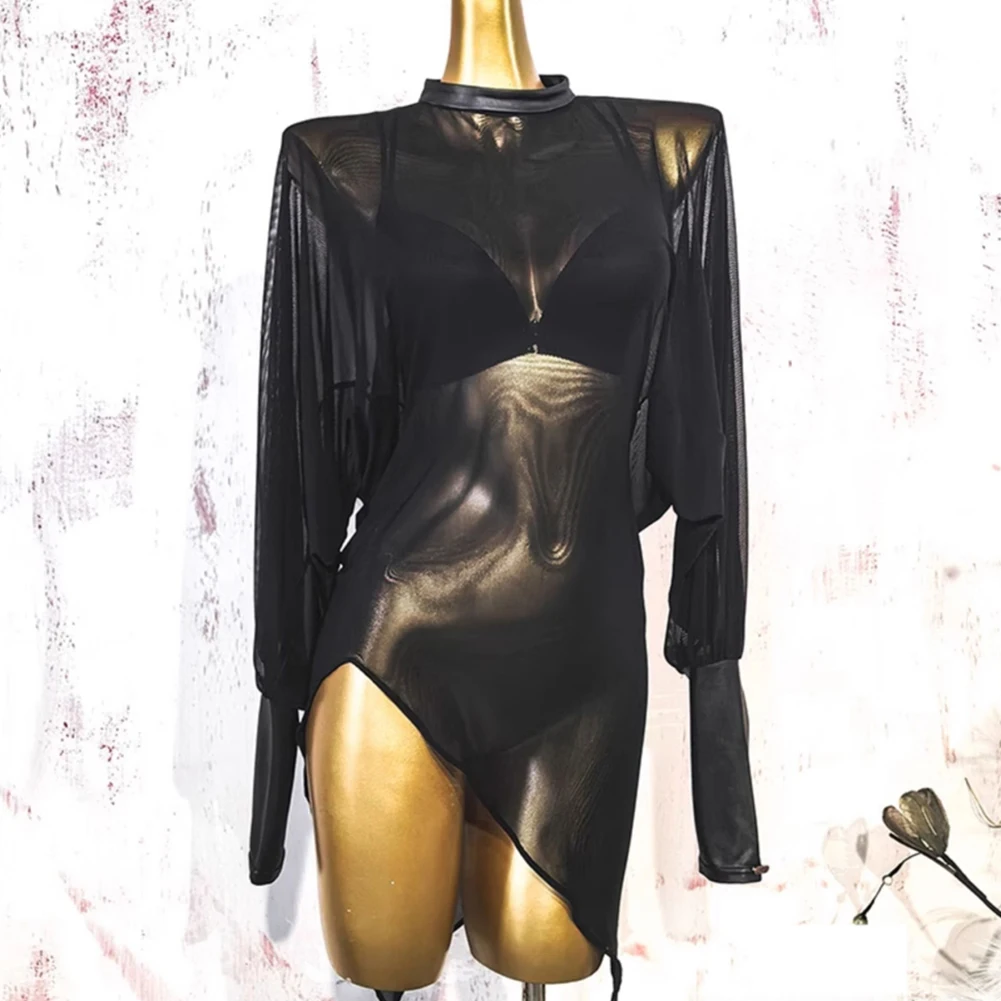 

High Collar Samba Long Sleeve New Line Dance Top Backless Sexy National Standard Dance Top Perspective New Black Latin Dance