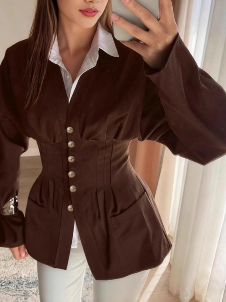 Tossy Elegant Tapered Waist V-Neck Blouse For Women Commuting Solid Long Sleeves Slim Patchwork Clothes 2025 New Women's Shirts