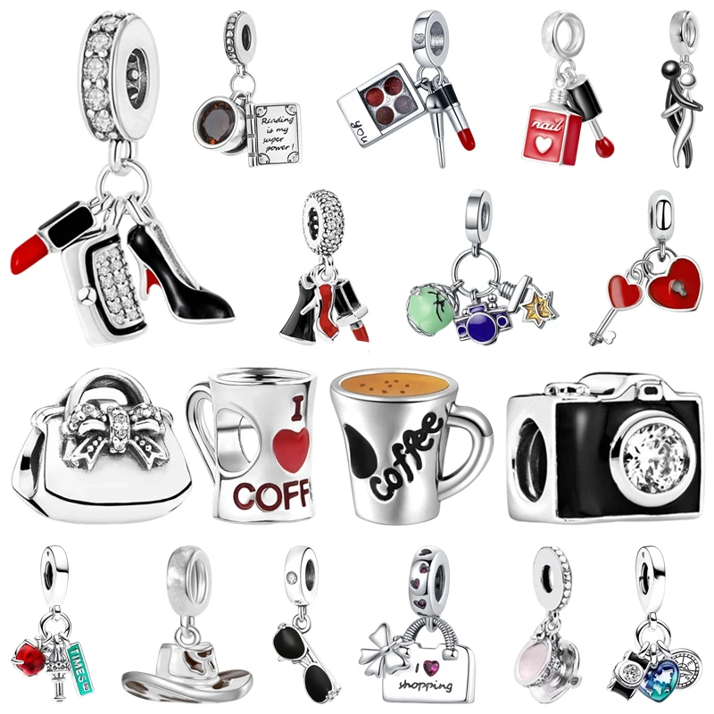

Hot Sale Cowboy Hat Pendant Vintage Camera Nail Polish Coffee Cup Charm Beads Fit Original Bracelets DIY Fine Women Jewelry Gift