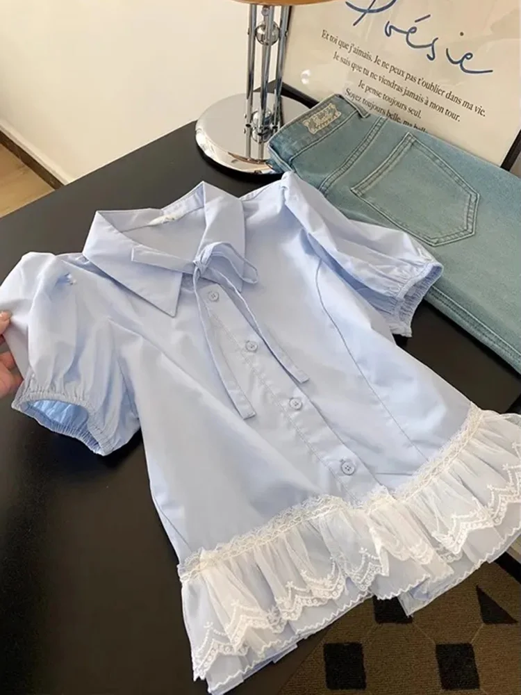 

Zoki Casual Sweet Blue Shirt Women Cute Lace Patchwork Bow Blouse Vintage French Preppy Style Short Sleeve Elegant Kawaii Tops
