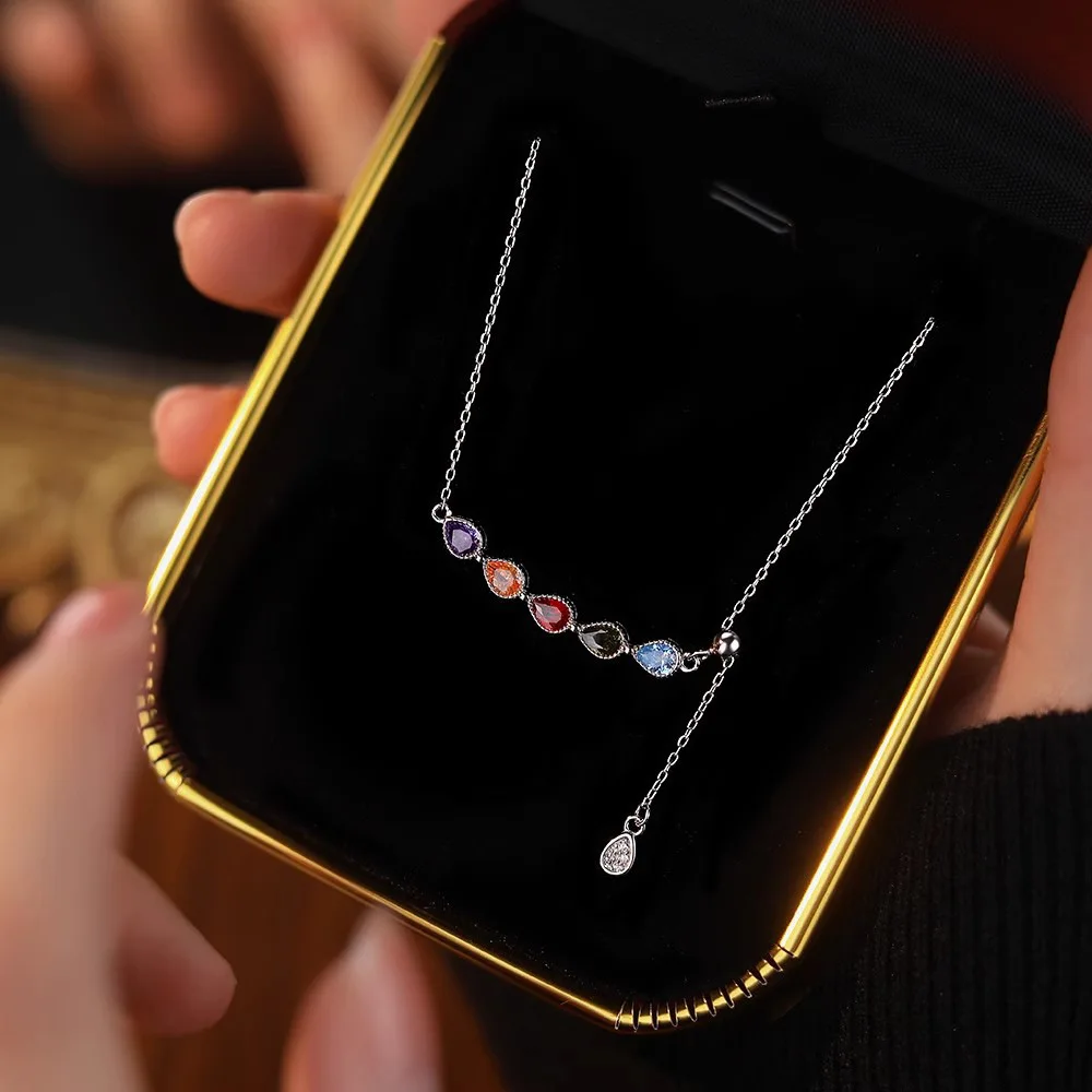 

Ожерелье из чистого серебра 925 пробы с радужными каплями воды и цирконом, женский австрийский стиль, нишевый дизайн, универсальная цепочка на ключицу