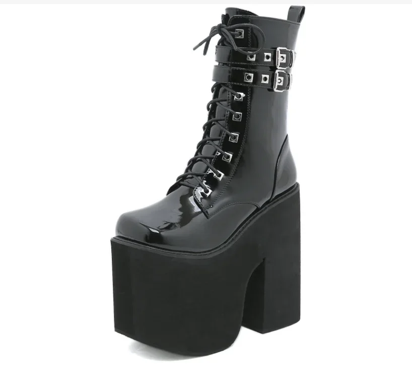 Gothic Punk damskie buty na platformie czarna klamra pasek na zamek pnącze koturny buty do połowy łydki męskie trampki buty zimowe De Mujer