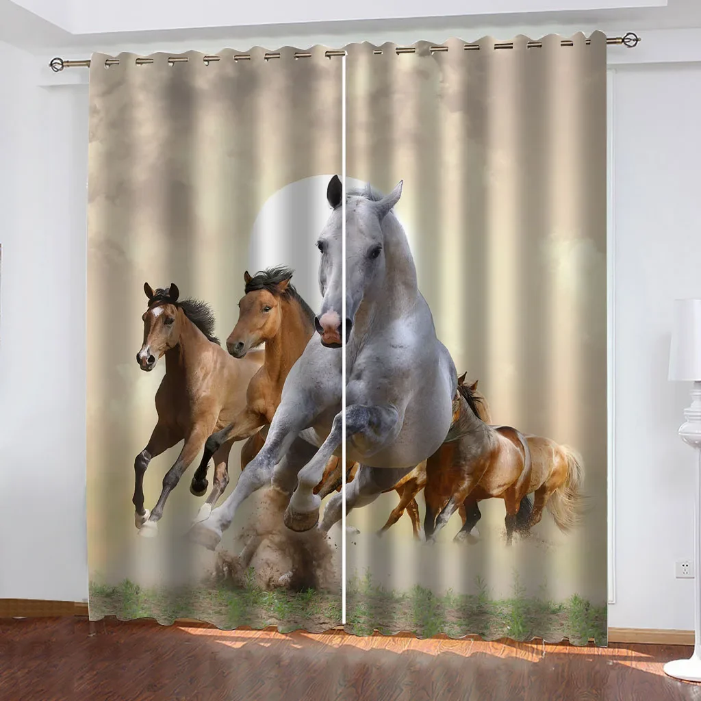 

Плотные шторы HUANZHUANG, шторы с изображением бегущей лошади, 2-панельные оконные шторы, термоизолированные оконные шторы с люверсами