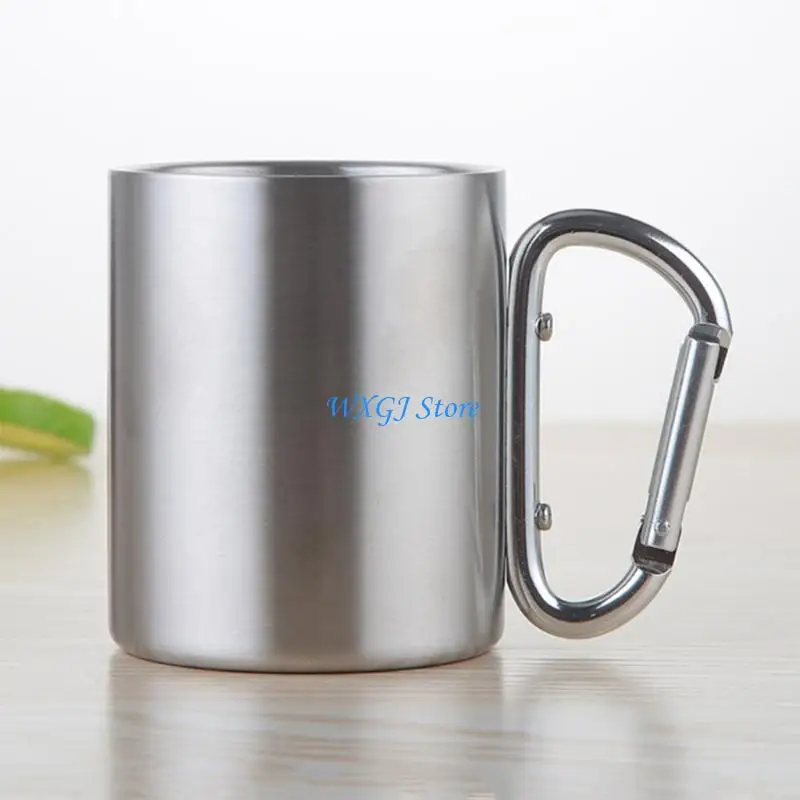 37JE 220ml Camping Travel Stainless Steel Cup Carabiner Hook Handle Water Mug