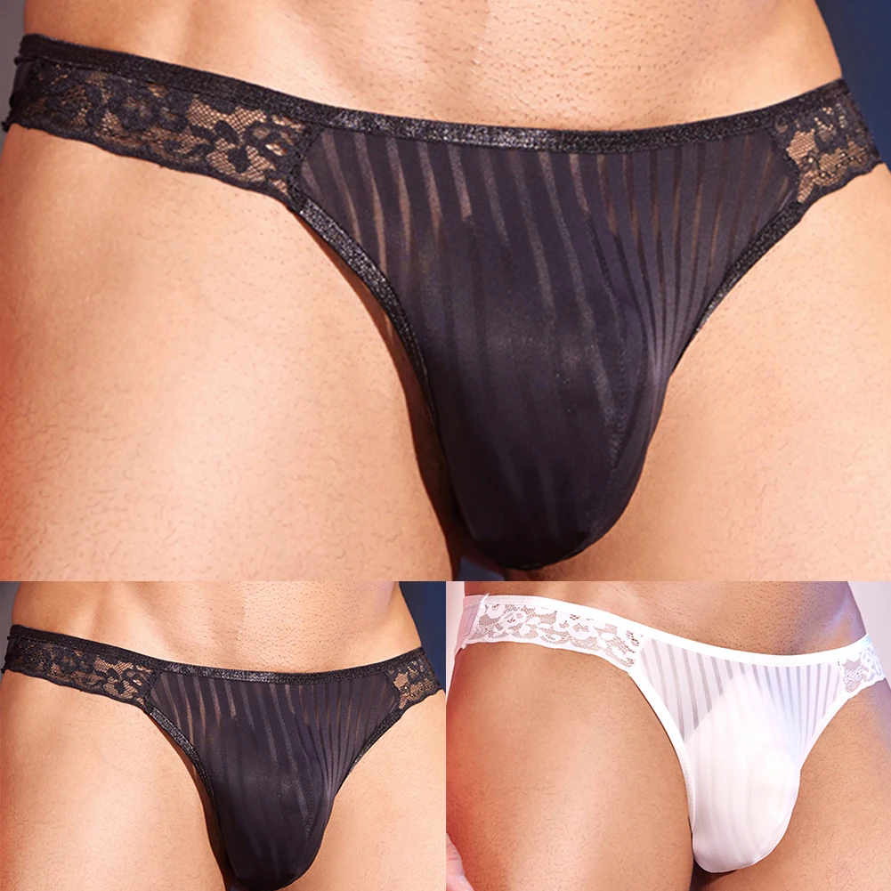 Mens Stripe Lace High Elastic Lingerie Low Waist Briefs Sheer Transparent Gay Sissy Pouch Underwear Men's Triangular Panties