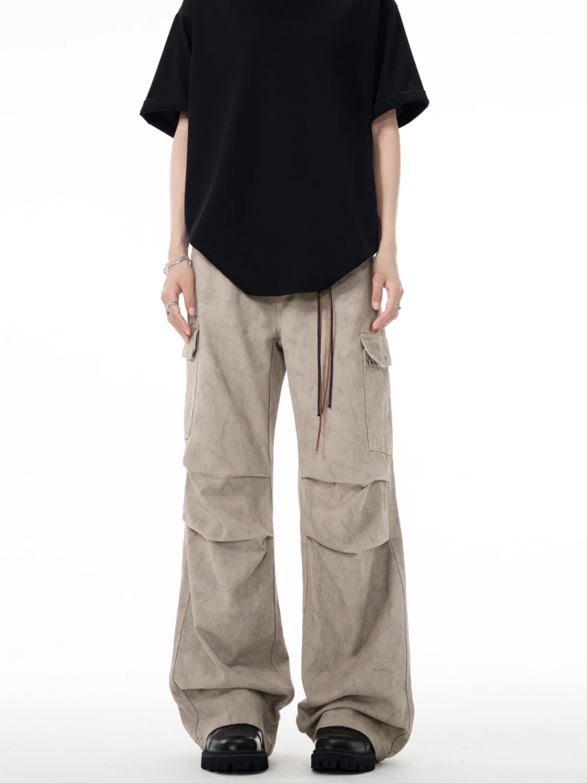 

Retro Design Marbled Folded Soldier Workwear Jeans Men's Autumn Trendy Wide Leg Long Pants American Sle Cotton Polyester