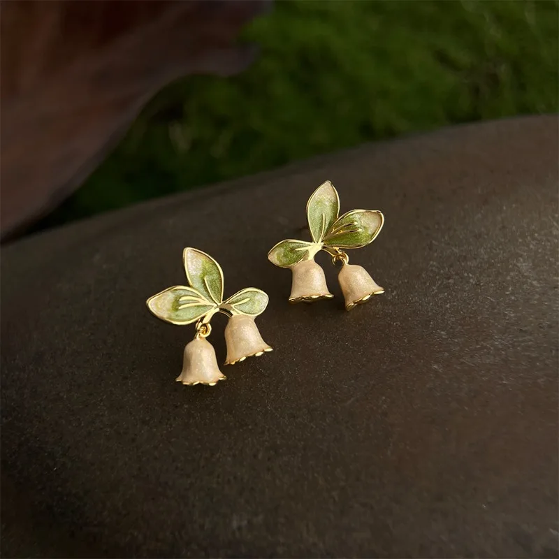 

Lily of the Valley Enamel Earrings Gold Niche Fresh Bohemian Sweet Studs for Women