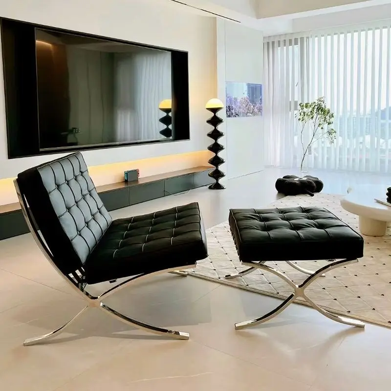 Barcelona Leather Sofa Chair, White-collar Network Celebrity Students Rest Reading and Watching TV Party Furniture