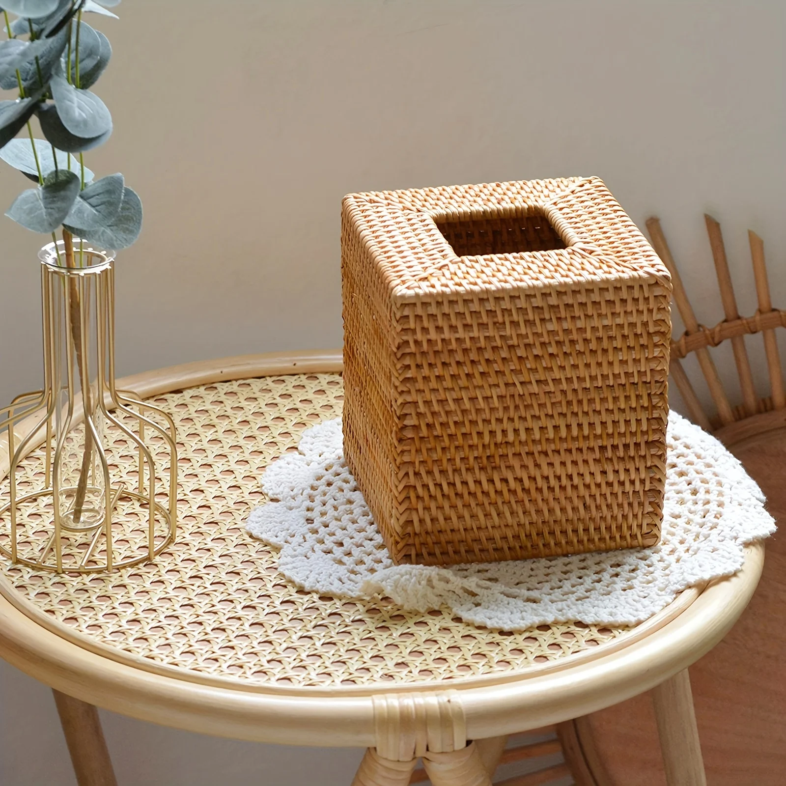 Square Rattan Tissue Box Cover - Handcrafted Wicker  Organizer for Desktop - DIY  Decor Accent, Adds Rustic Charm to Office or L