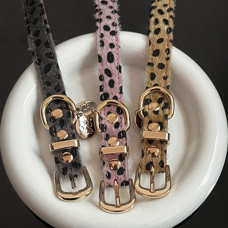 Leopard Pattern Small Dog Collar with Soft PU Leather Dog Metal Leash- Adjustable Comfort Fit Pet Collar for Wal view 2