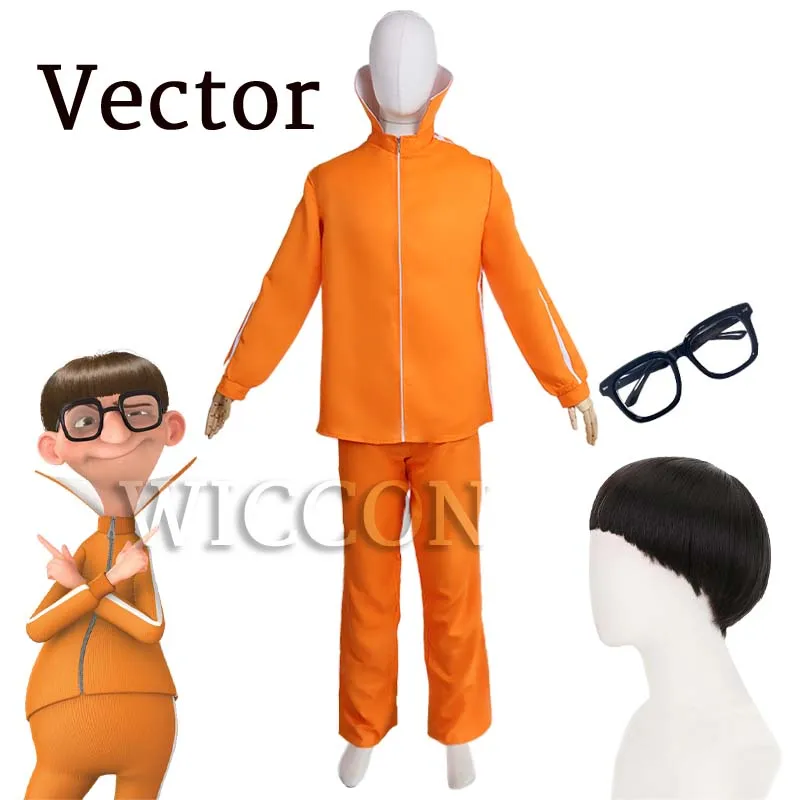 Movie Vector Cosplay Costume Orange Jakect Pant Outfits Set Mushroom-shaped  Wig Glasses Halloween Fancy Suit Party Suit