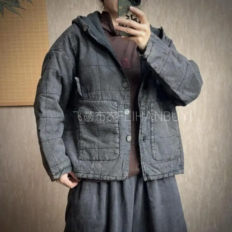 

Осень-зима, женские однобортные свободные куртки с длинным рукавом в стиле искусства, винтажное черное толстое хлопковое пальто с капюшоном, высокое качество