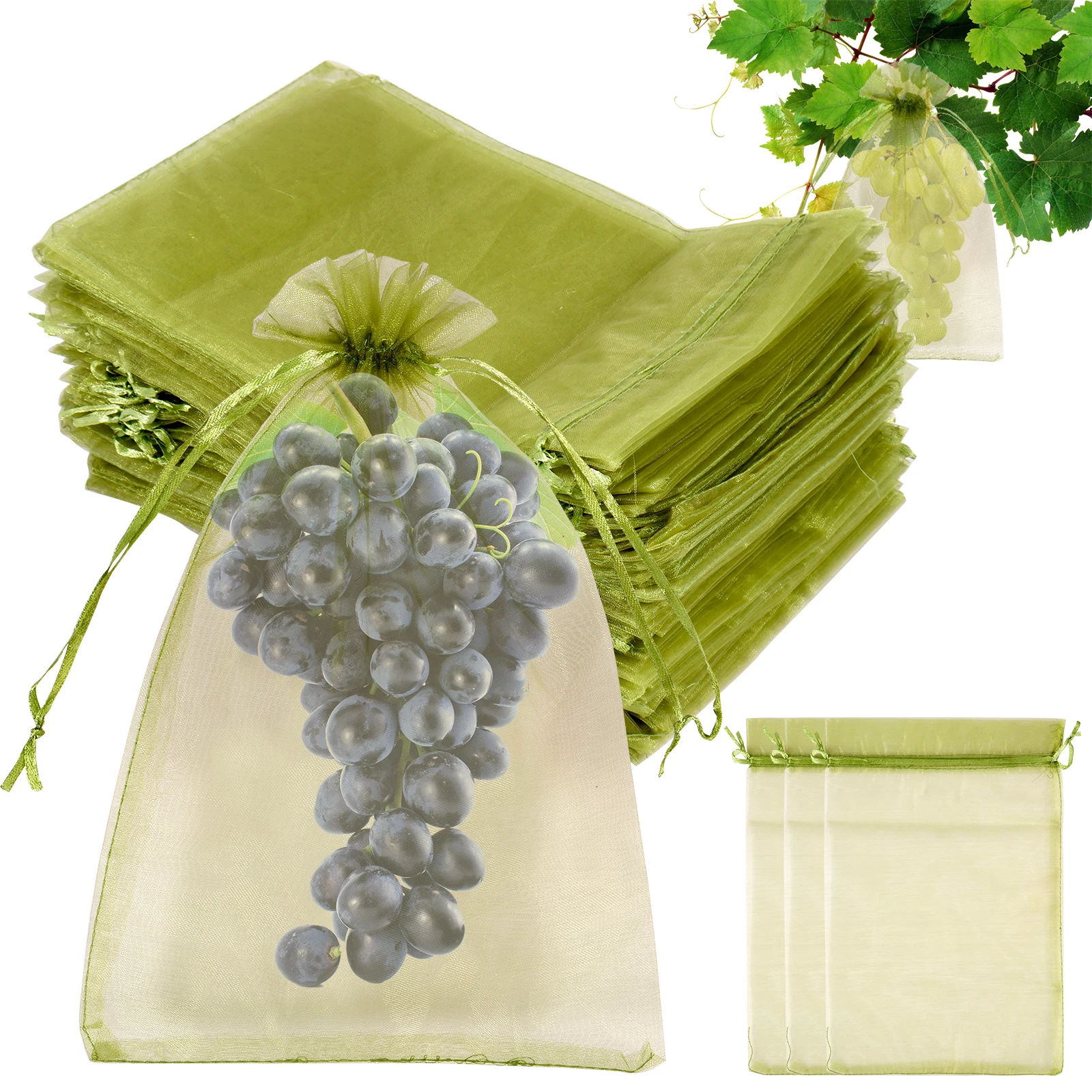 100Pcs Fruit Protection Bags Fine Mesh Organza Garden Netting Bags with Drawstring Breathable Reusable Mesh Fruit Bag