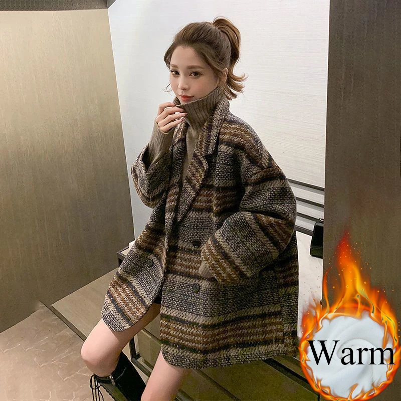 Women Tweed Plaid Winter Blazer Cotton Padded Casual Middle Long Coats Offlce Lady Vintage Double Breasted Thicken Work Outwear