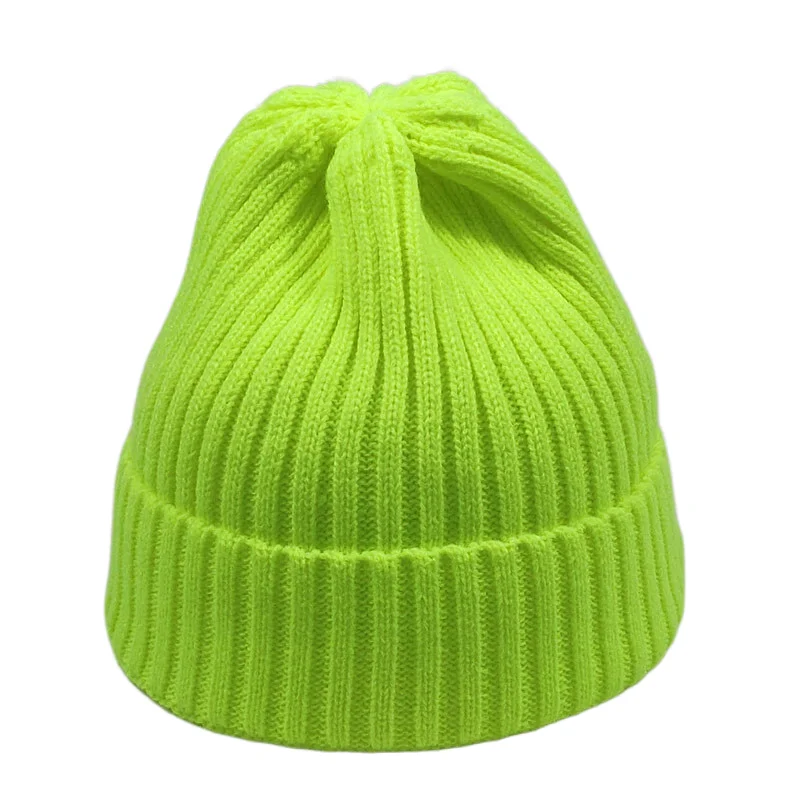 Men Winter Knit Snow Hats Women Beanie Warm Skullies Stretchy Cotton Acrylic Yarns Neon Yellow White Hot Pink