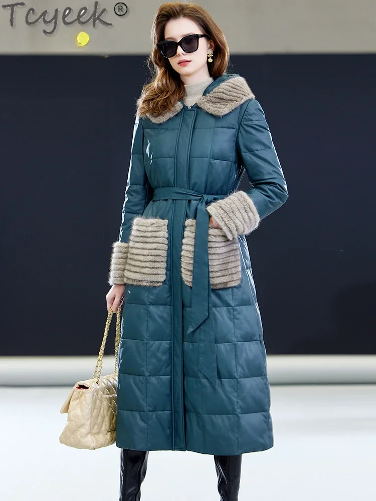 Tcyeek-Veste en cuir véritable pour femme, manteau en duvet mi-long, col en fourrure de vison, ceinture, peau de mouton naturelle, vêtements d'hiver, 2024