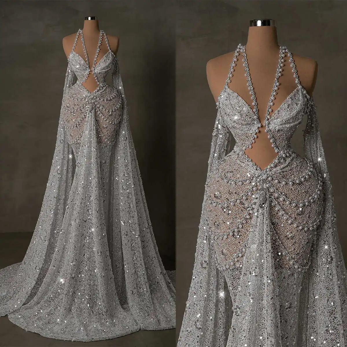 

African Sexy Mermaid Wedding Dresses Halter Beading Bridal Gowns Pearls Sequined See Through Bride Dress